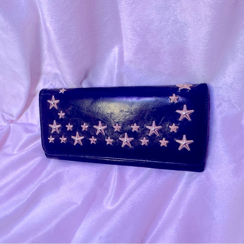 Jimmy Choo Wallet Star Studded Midnight Black Calfskin Leather Gold Stars Rare - Picture 13 of 13